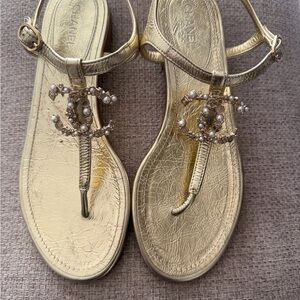 CHANEL Gold Sandals with Pearl Accents